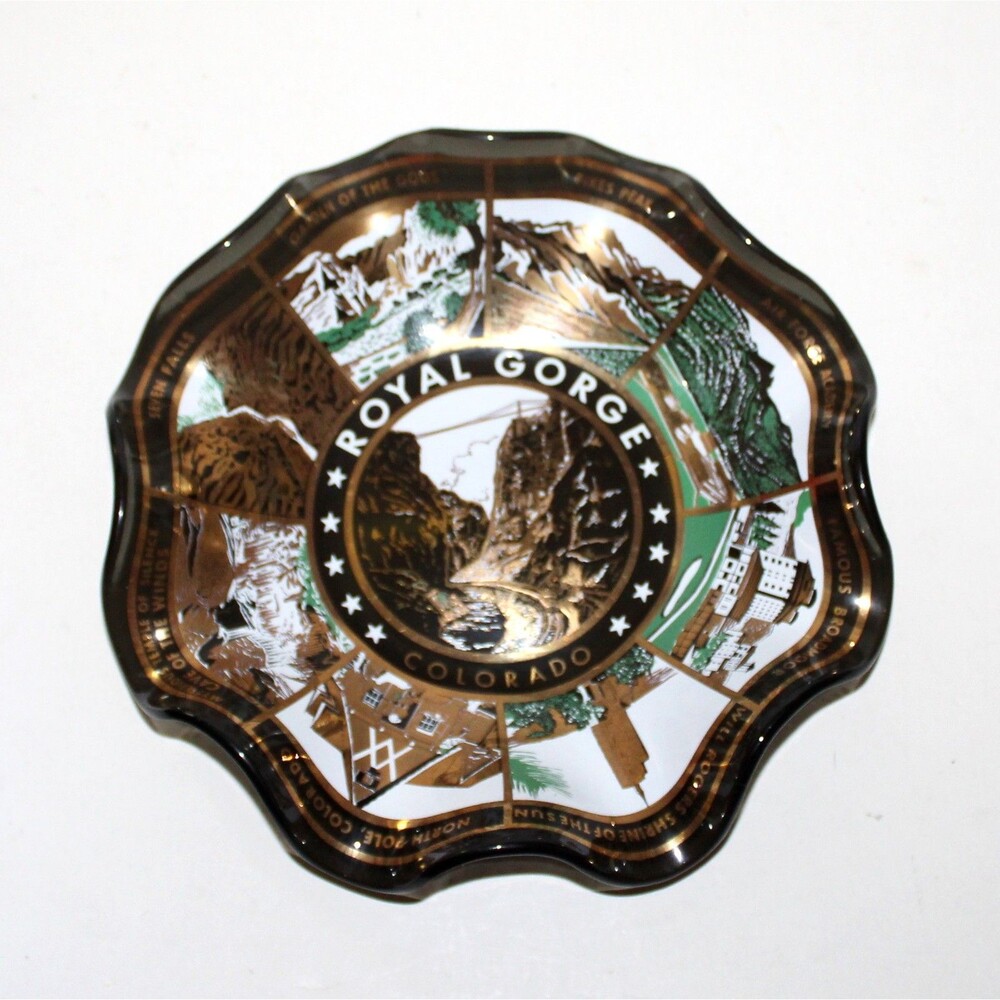 Royal Gorge Colorado US Vintage Glass Bowl Dish Souvenir mcm Ruffled gold